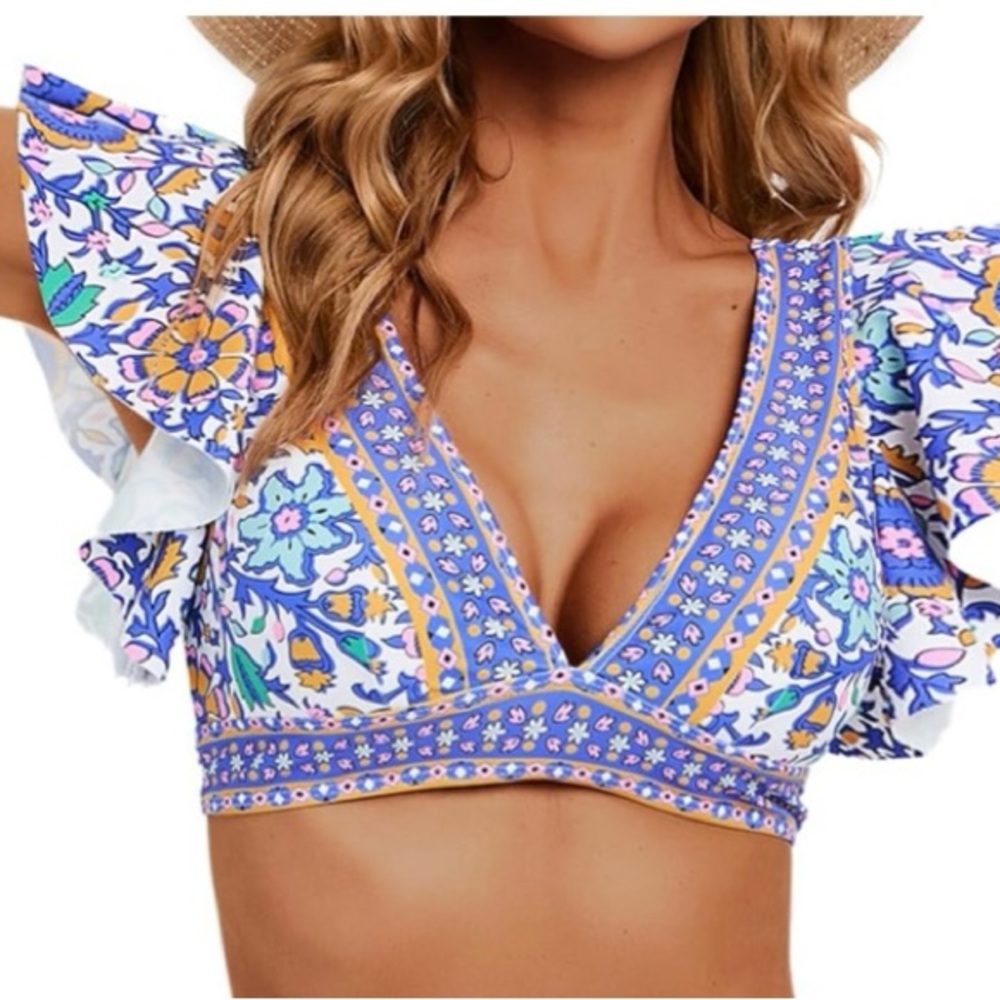 Floral V-Neck Flutter Sleeve Crop Top - Purple/White